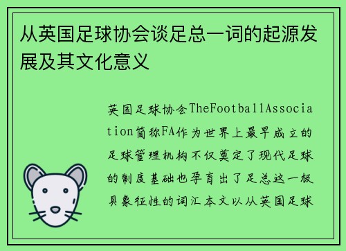 从英国足球协会谈足总一词的起源发展及其文化意义 从英国足球协会谈足总一词的起源发展及其文化意义